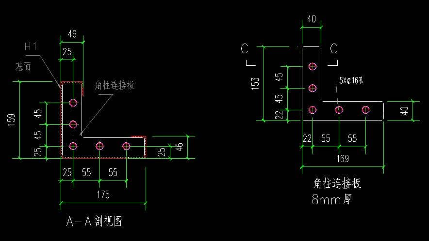 箱房角柱连接板剖视设计图
